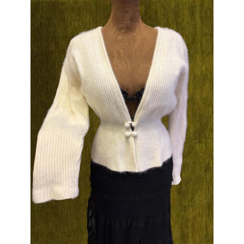 Preppy Coquette Boho Wayne Rogers Feminine Natural Angora Wool Blend Cardigan